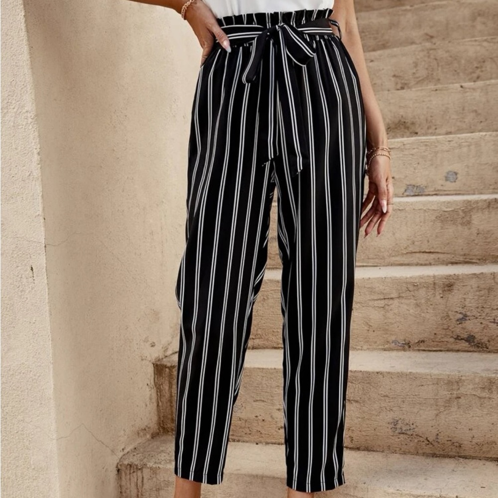 Vertical Striped Paper Bag Waist Tie Front Wide Leg Pants